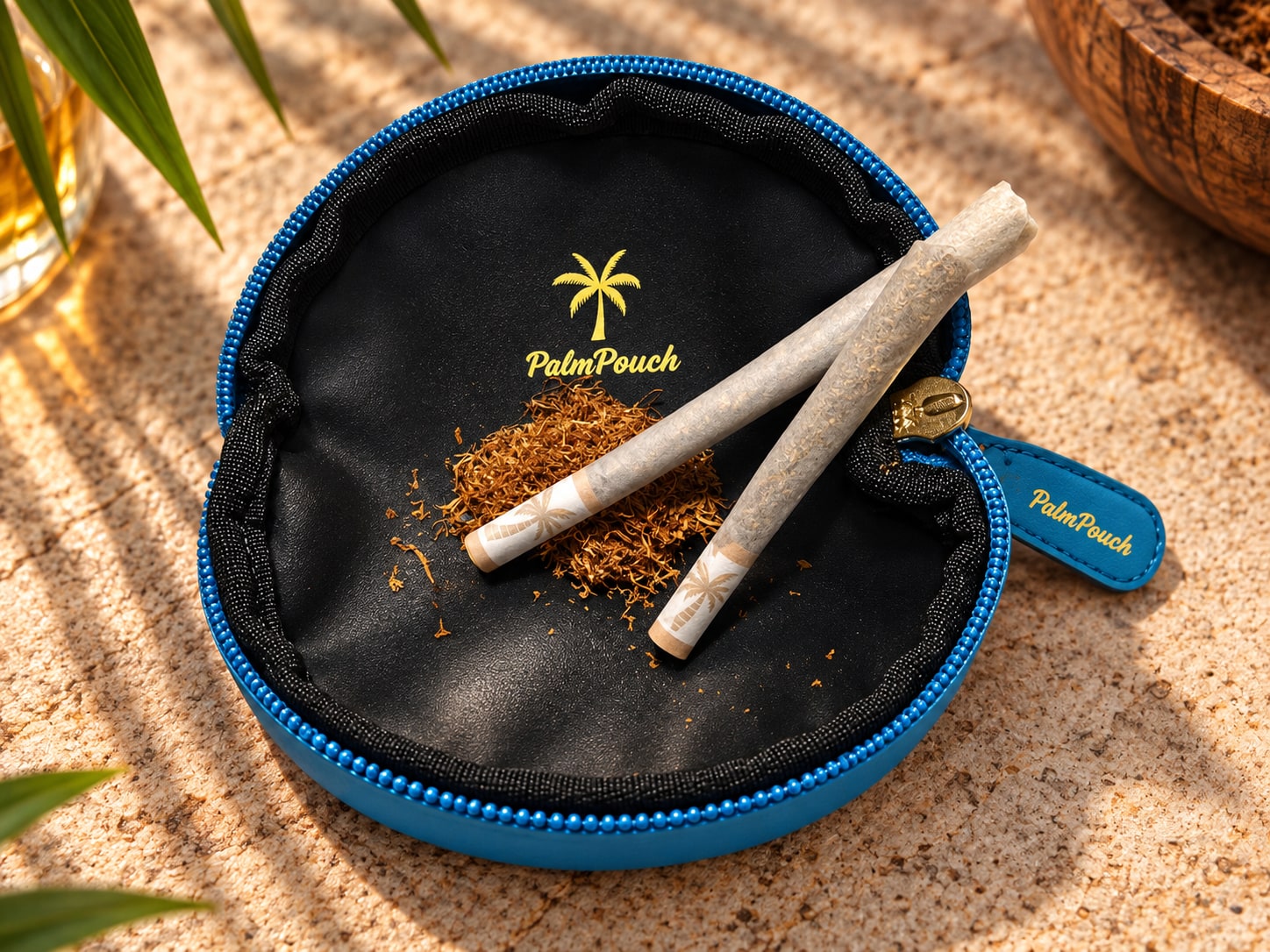 Open blue PalmPouch showing the deep bowl with rolling papers and tobacco
