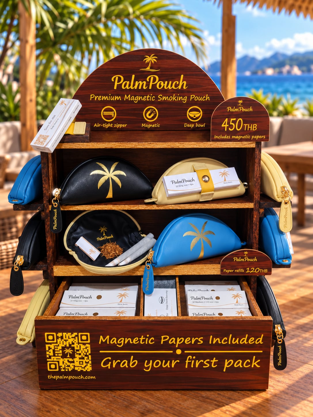 PalmPouch retail display with pouches and magnetic paper refills